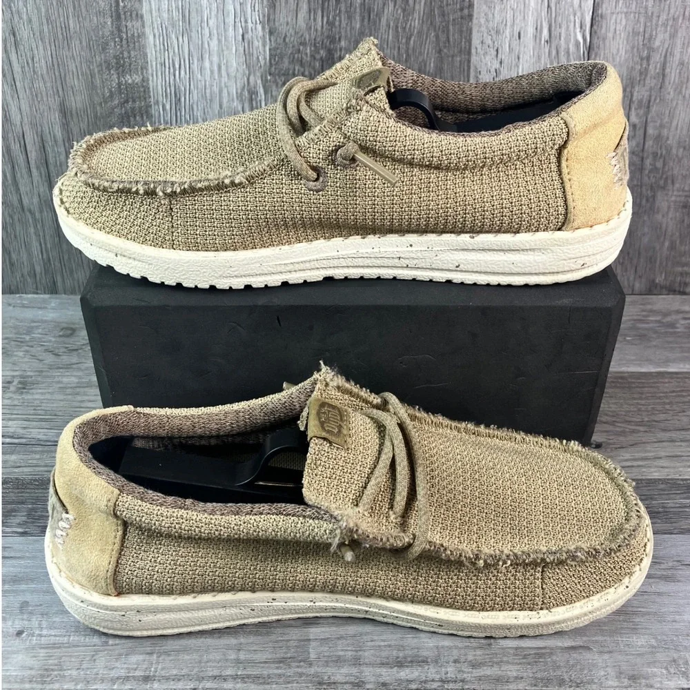 Hey Dude Wally Youth Sport Mesh Tan White Slip On Loafers 40431-25W Size YT3
